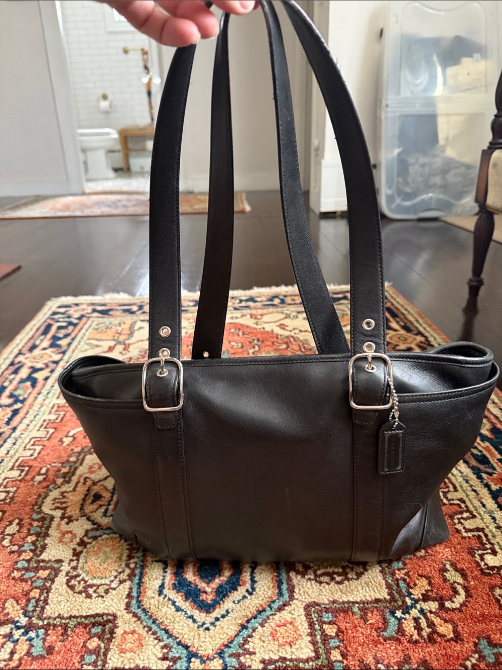 Coach Black Leather Double-Handle Tote could be used as a briefcase or baby bag